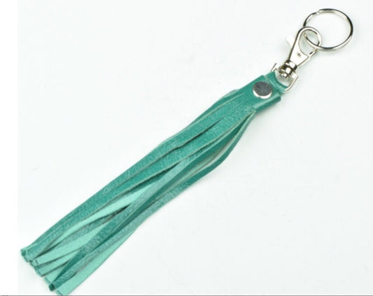 Leather Tassel Keychain, Turquoise or Silver Metallic Reptile, 8 inch fringe, handmade in USA, each