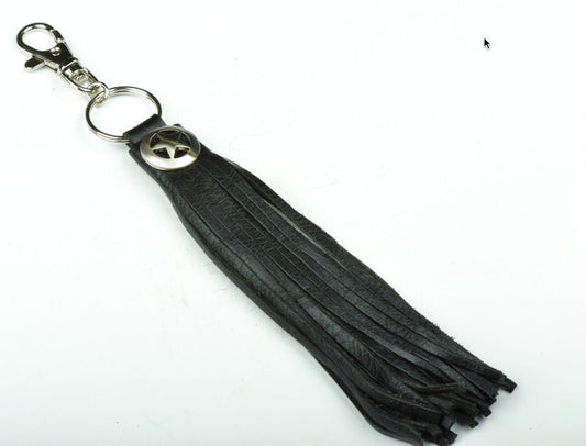 Silver Lone Star Concho and Black Leather Purse Keychain Tassel, 8 inches, Made in USA, each