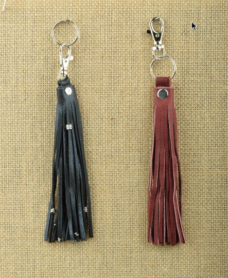 Leather Tassel Keychain, Black Beaded or Burgundy Suede, 8 inch fringe, handmade in USA, each