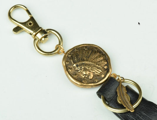 Leather Purse Keychain in antique gold with black leather tassel, 10 inch length, each