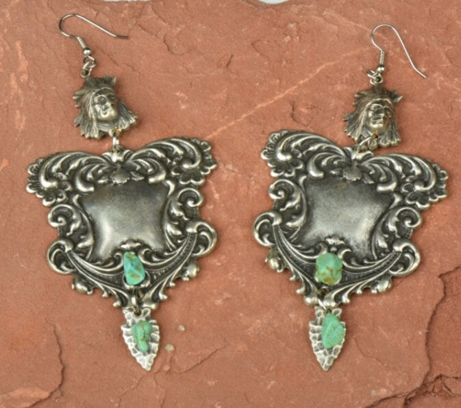 Southwestern Santa Fe Earrings, Handmade with Native American Indian Chief, Arrowhead, and Faux Turquoise, Antique Silver, pierced, 1 Pair