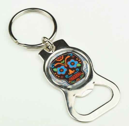 Day of the Dead sugar Skull, Custom Keychain and bottle opener, silver, each