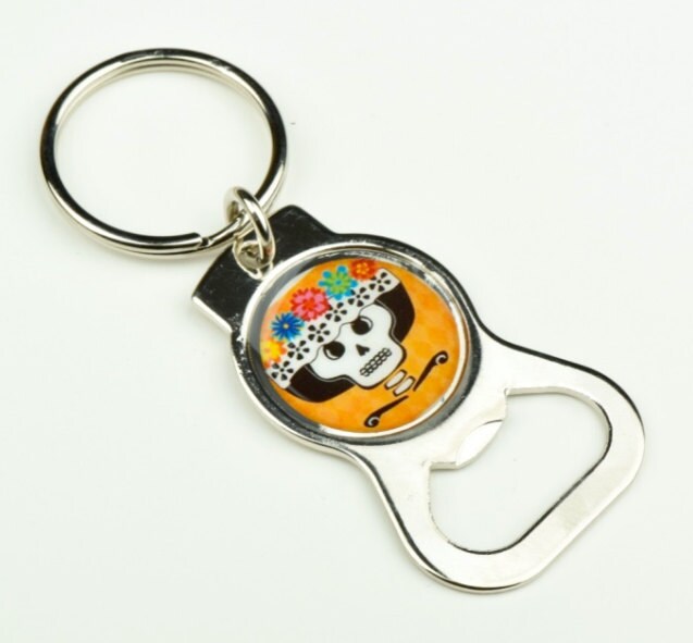 Sugar Skull Keychain and Bottle Opener, Colorful yellow, pink, black, white, Custom art, handmade, each