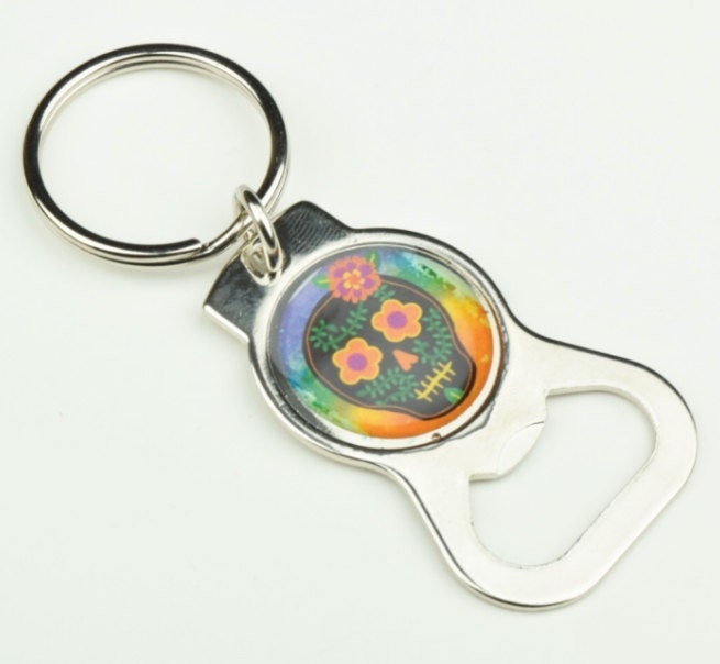 Day of the Dead Sugar Skull Silver Keychain and Bottle Opener, Made in USA, each