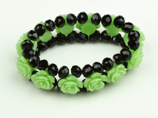 Swarovski Crystal Light Green Rose Stretch Bracelet, Black double strand Crystal beads, Each