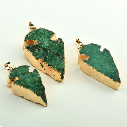 Semi Precious Natural Druzy Arrow Head Pendant set in gold plating, Natural Green Stone Jewelry, each