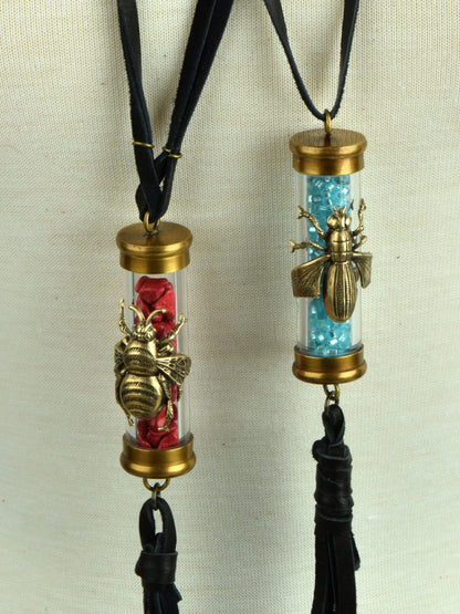 Honey or Mason Bee Pendant Necklace with vial of beads, antique gold, choose bee or a fly, each