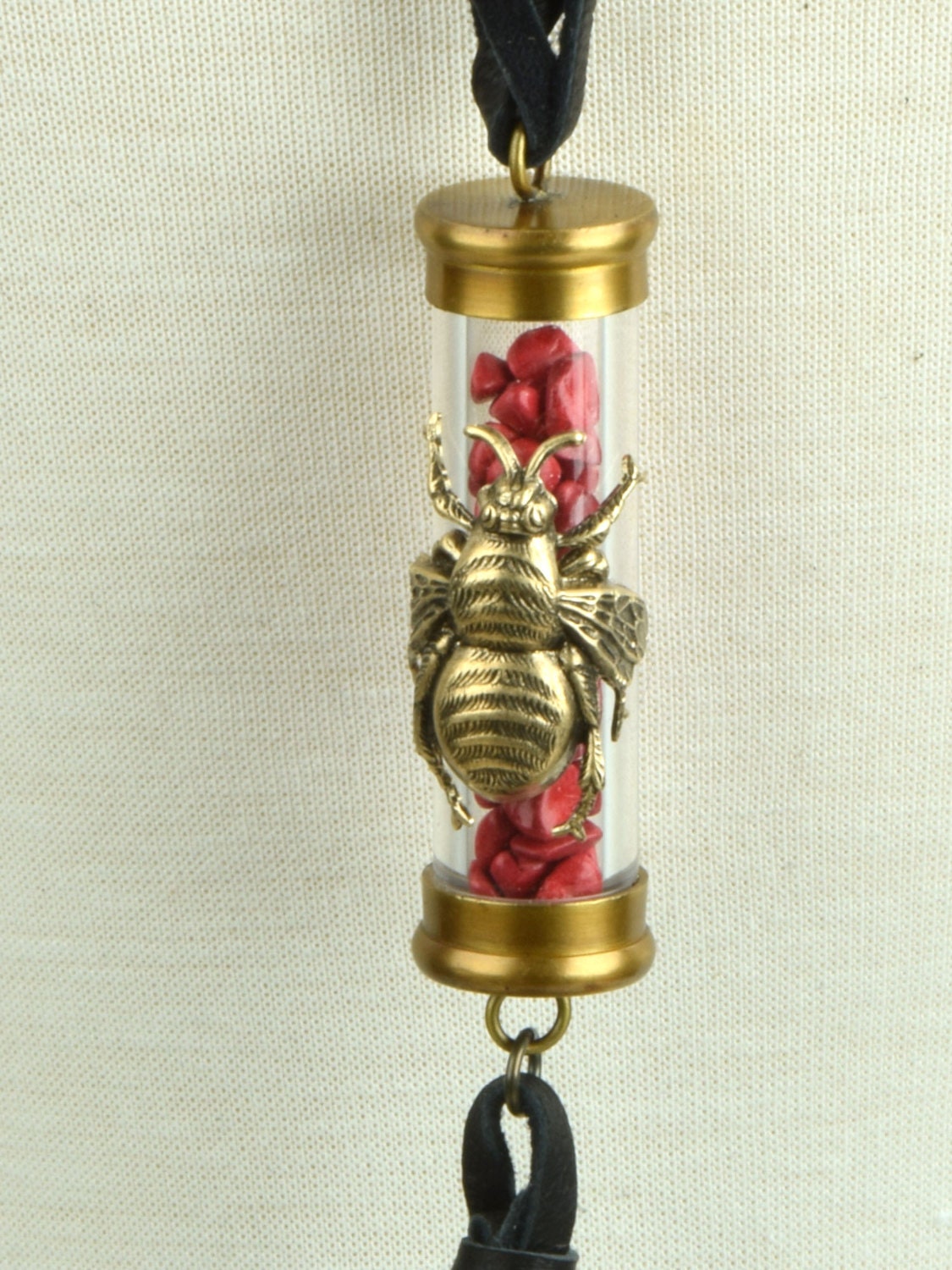 Honey or Mason Bee Pendant Necklace with vial of beads, antique gold, choose bee or a fly, each