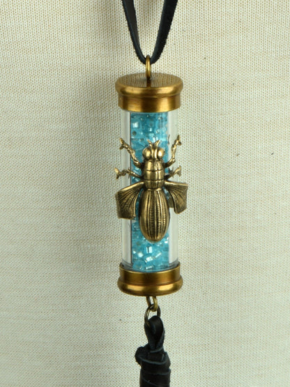 Honey or Mason Bee Pendant Necklace with vial of beads, antique gold, choose bee or a fly, each