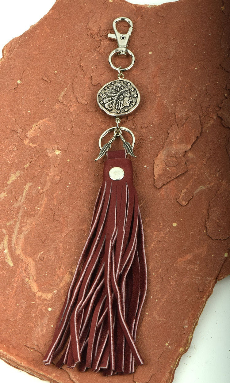 Purse Tassels Indian Focal Bead, 5" leather Tassel, each