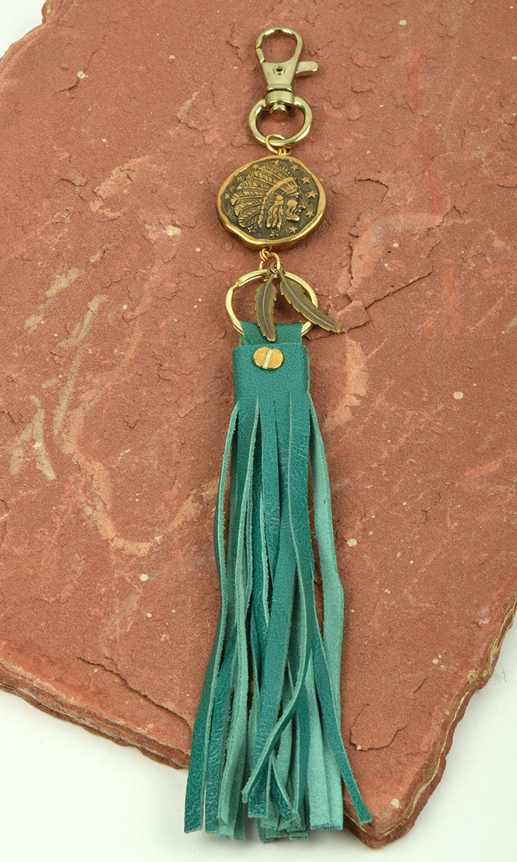 Purse Tassels Indian Focal Bead, 5" leather Tassel, each