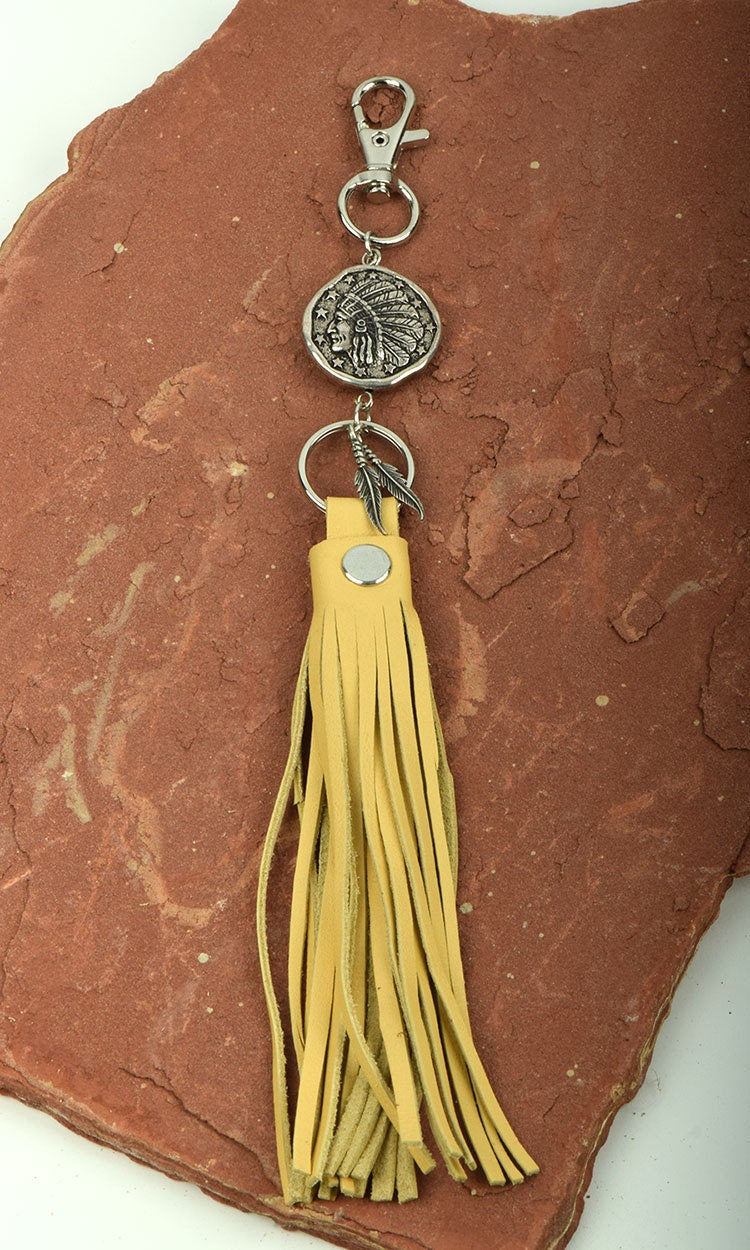 Purse Tassels Indian Focal Bead, 5" leather Tassel, each