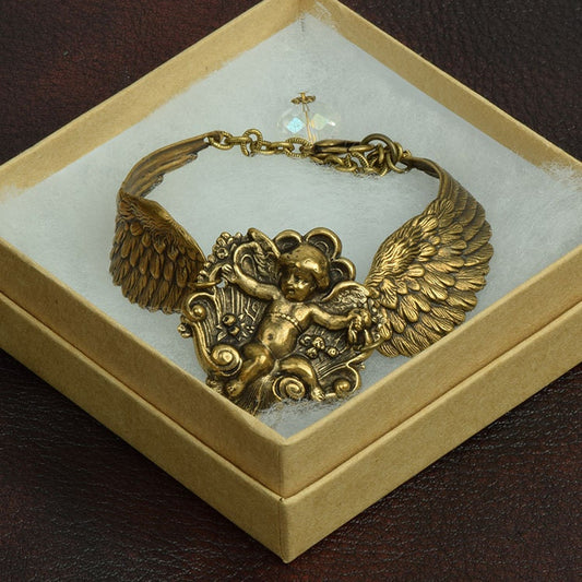 Cherub Feather Wing Bracelet with single faceted crystal bead, Hand crafted, Gift Boxed, Antique Gold Plate, Each