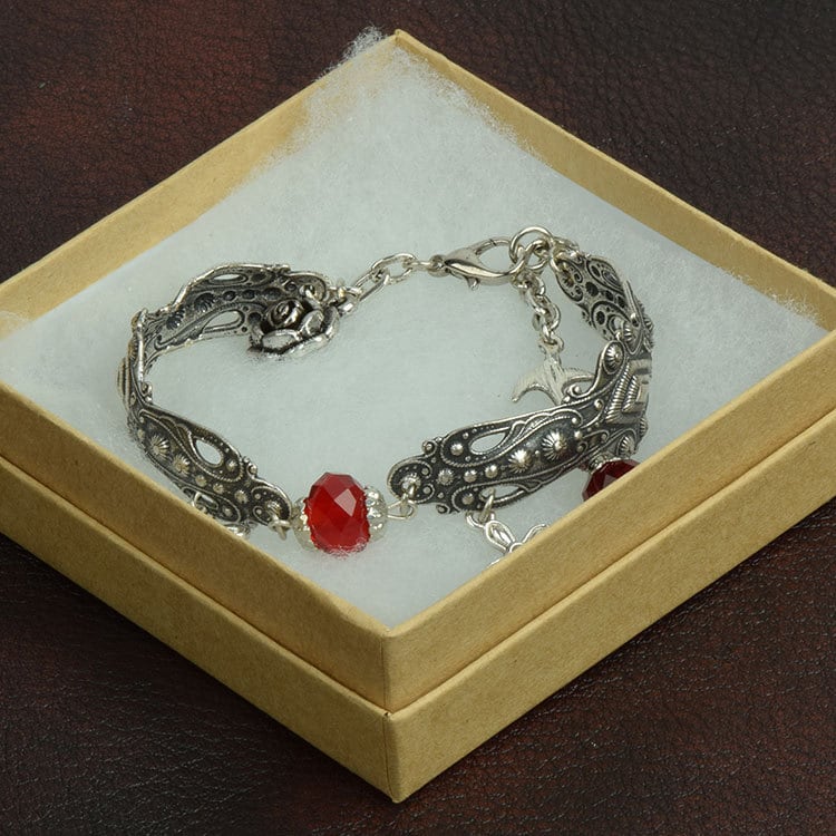 Vintage Victorian Bracelet with Ruby Red Crystal Bead, Antique Silver, Gift Boxed, Made in USA, each