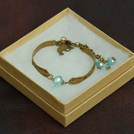 Vintage Victorian Bracelet with Aqua Marine Blue Crystal Bead, Antique Gold, Gift Boxed, Made in USA, each