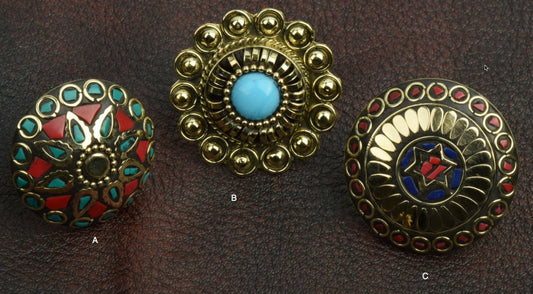 Inlay Lakh Ring, Adjustable Size, 40mm, Turquoise Coral Composite stone inlay, Polished Gold Brass, Flower, Concho or Star of David, Each
