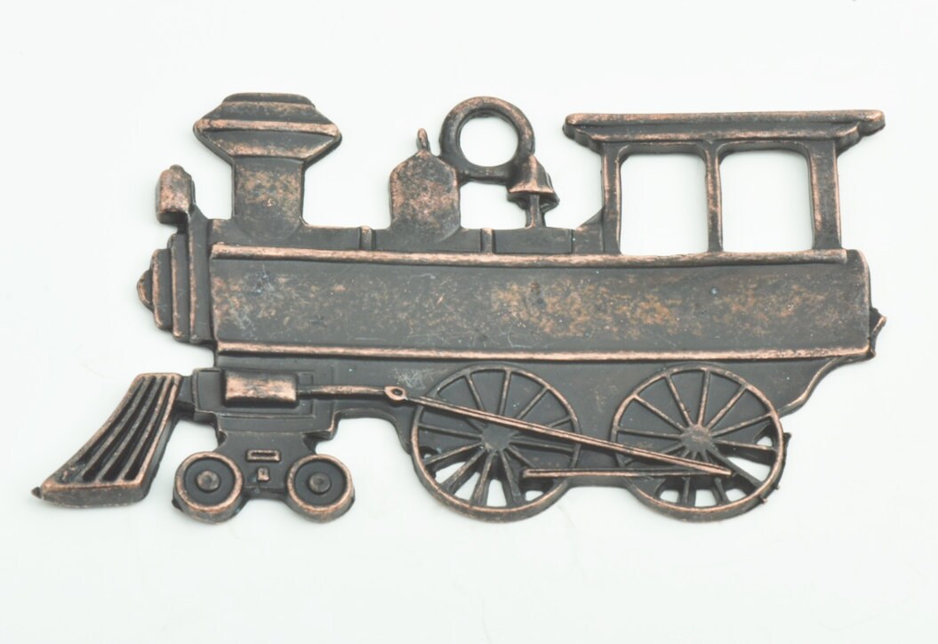 48mm Steam Engine Railroad Stamping, Antique Copper or Rustic brown finish, cast zinc, Made in USA, pack of 2