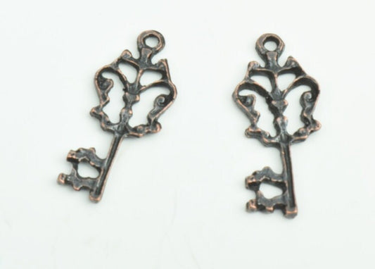 39mm Key Charm, filigree top, Copper antique finish, cast zinc, Made in USA, pack of 6