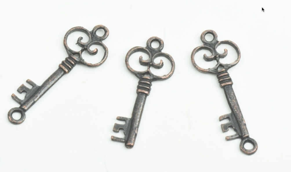 Skeleton Key Pendant Charm, Copper antique finish, Pack of 6