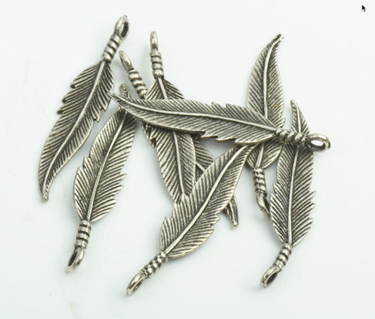 100 Feather Charms, 38mm", 3D, Vintage Silver, Made in USA, Pack of 100