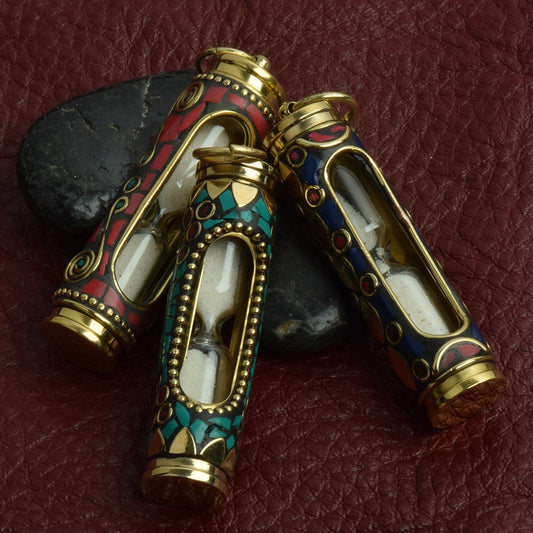 2 3/4" Inlay Hour Glass Mosaic Pendant, 3 colors: Choose  Red Coral, or Turquoise, brass metal with inlay stone, sold by color, Each