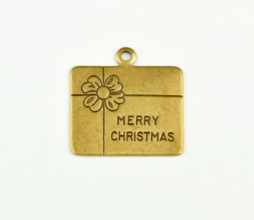 Merry Christmas package charm Antique Brass, sold 6 each