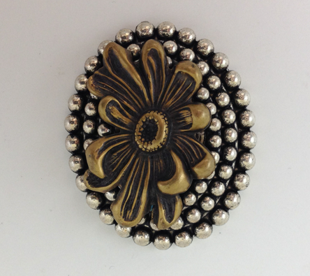 46mm Flower button, beaded Antique Silver w/Gold Flower Button, each