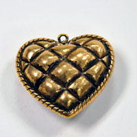 Quilted Puff Heart Pendant Charm, antique gold, pack of 6