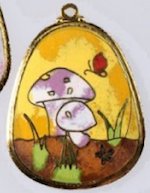 Gold Cloisonne Enamel  vintage,pendant,mushrooms on gold and green each 40X30X20MM