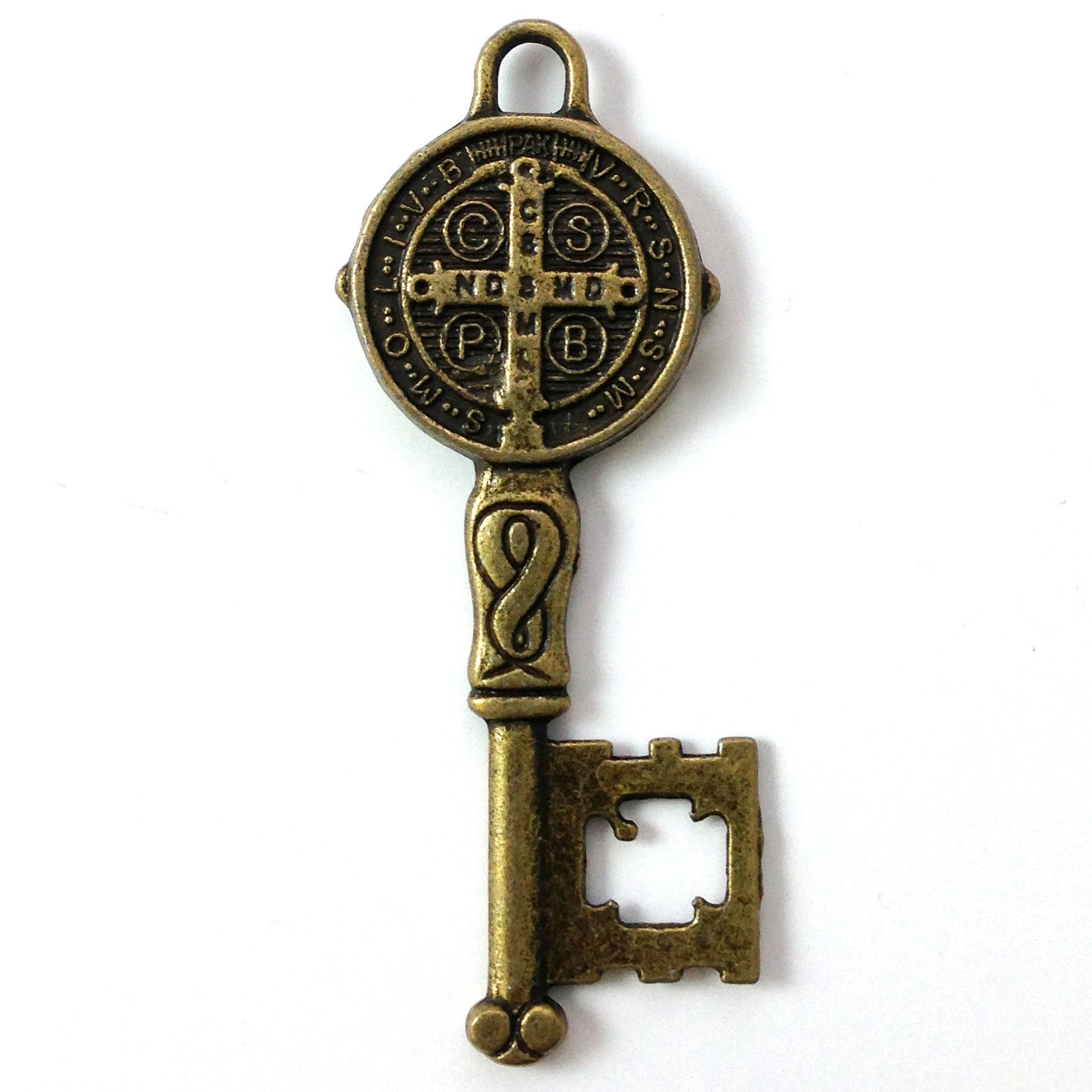 52mm Cross Skeleton Key Charm with Saint, vintage gold, pack of 6