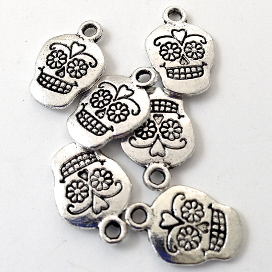 17mm Sugar Skull Charm, Day of the Dead Charm, Classic Silver, Pack of 12