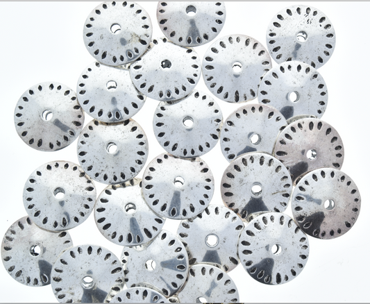 Saucer Beads 7mm x 25mm Antiqued Classic Silver Round Coned Sunburst Bead, 12in str