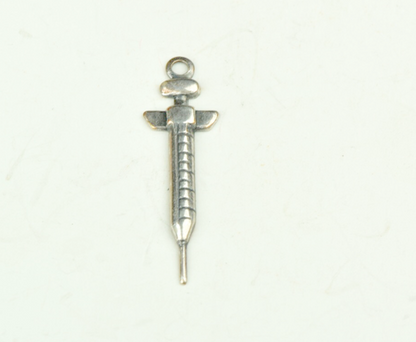 Medical Syringe Charm Brass stamping and plated silver ox, sold by 3 each 15114