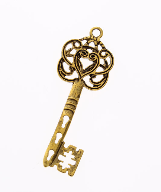 60mm New Skeleton Key Charm Pendant, Victorian Scrolled Heart, Antique Gold, Classic Silver pkg/2