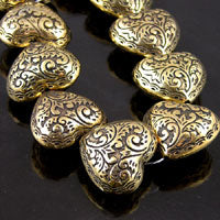 26mm x 23mm Puff Florentine Heart Beads, Antique Gold, 10 beads