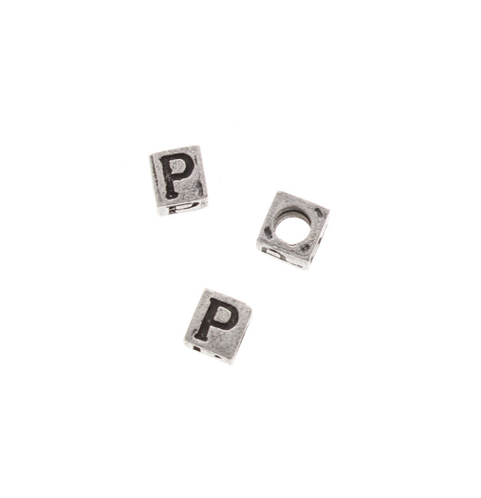 8mm Alphabet Baby Block Bead, P, silver metal cast, pack of 12 08830/P