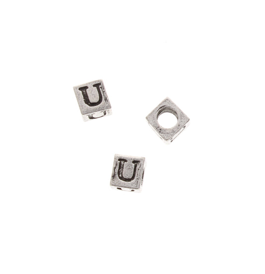 8mm Alphabet Baby Block Bead, U, silver metal cast, pack of 12 08830/U