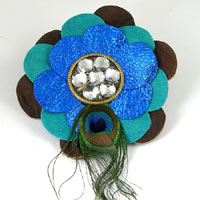 Leather Flower Hair Clip, 4.5 inch, 3 layer hand cut leather flower with Peacock feather and crystal center, each